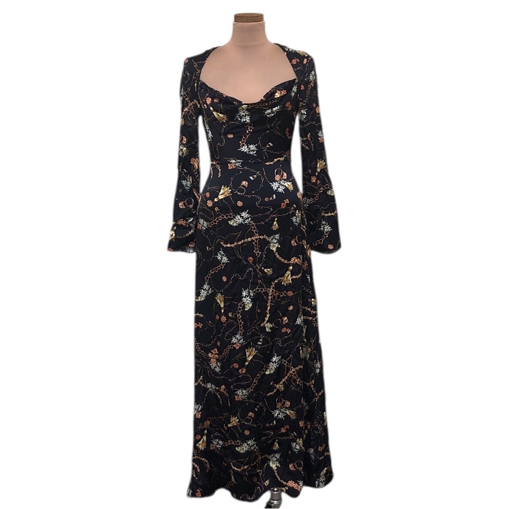 Fame & Partners Cera Maxi Dress Size 4 Black Floral Chain Print